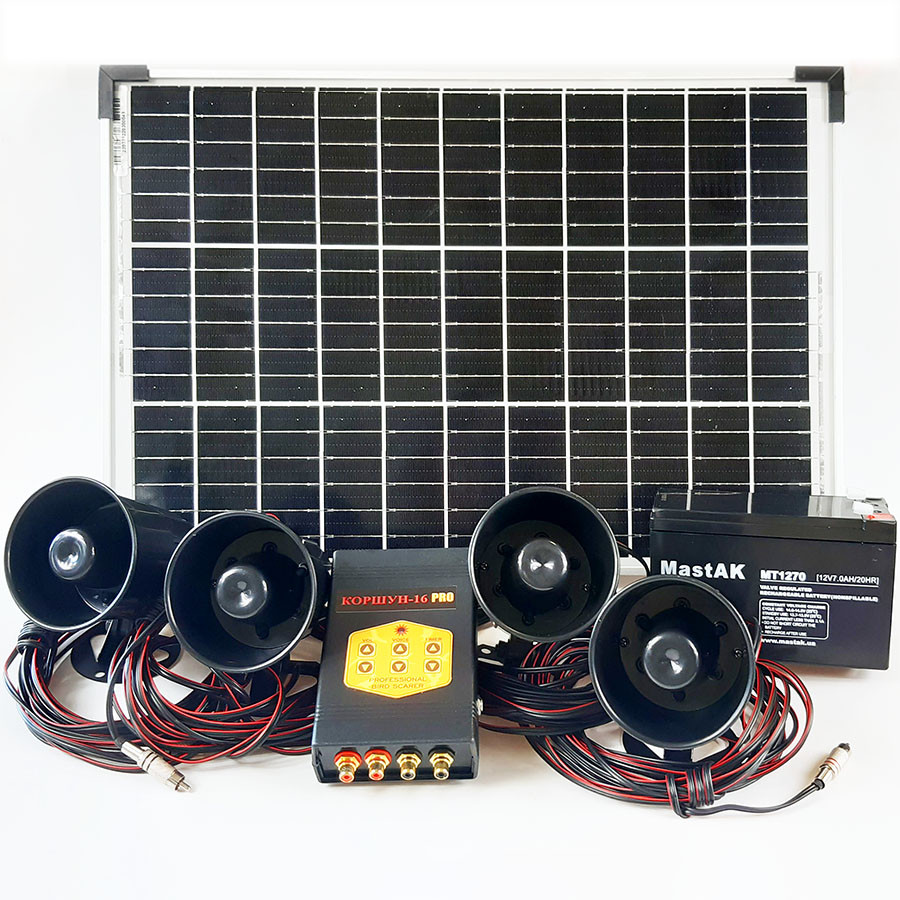 Звуковий відлякувач птахів КОРШУН 16 SOLAR оснащений сонячною панеллю на 50 Вт та акумулятором, фото 1