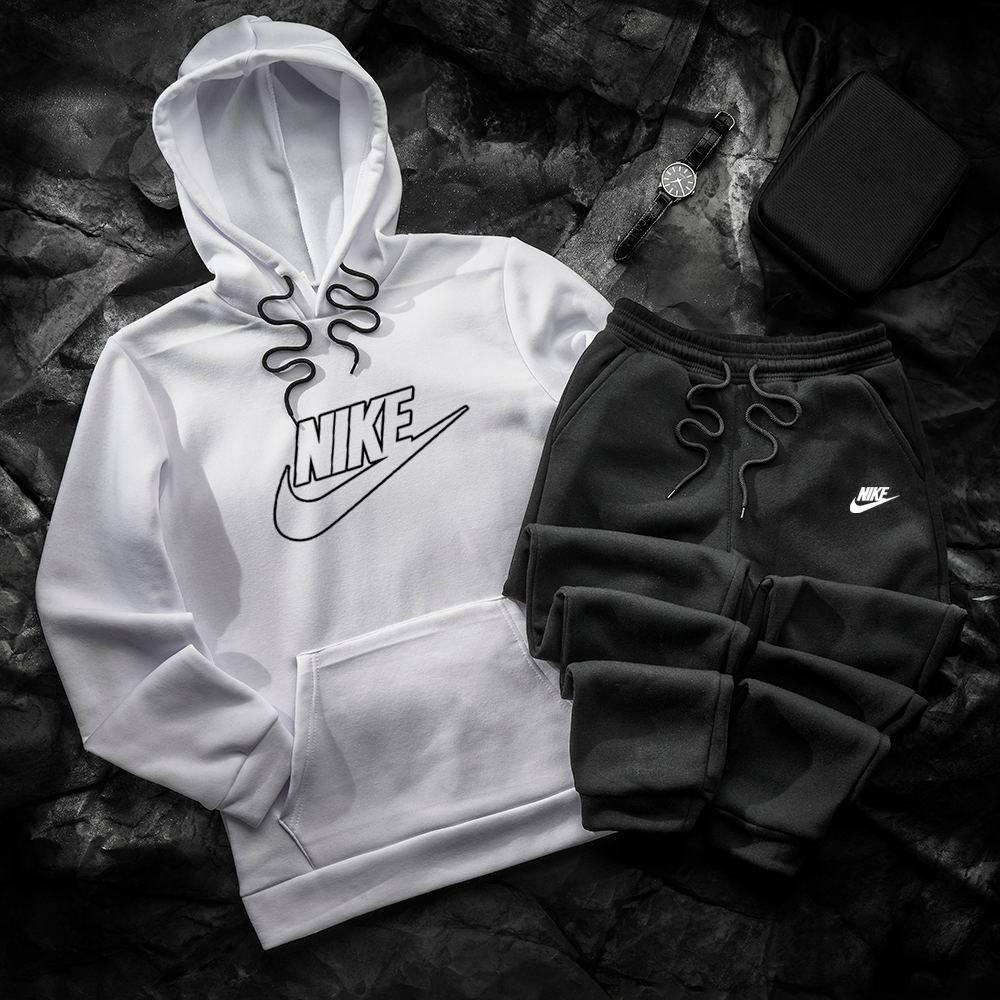 Чоловічий зимовий спортивний костюм Nike біло-чорний Комплект Найк Худі Штани, фото 1