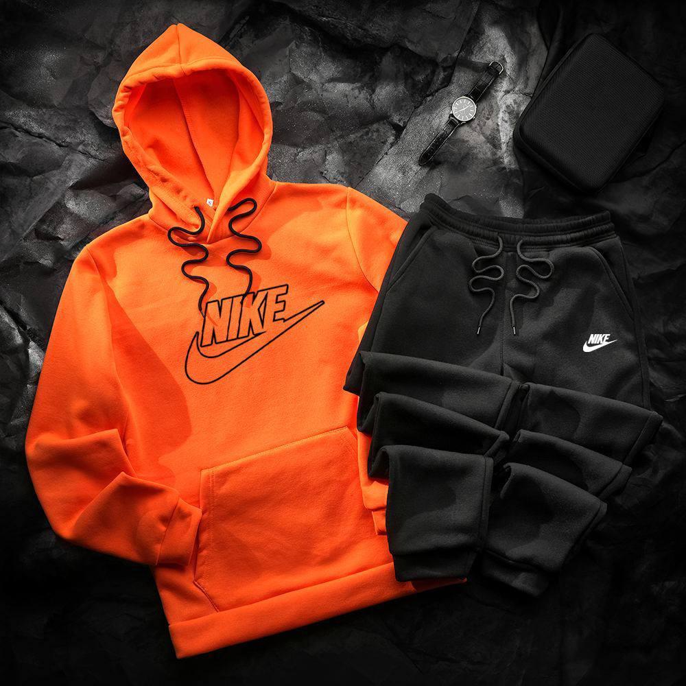 Чоловічий зимовий спортивний костюм Nike помаранчево-чорний Комплект Найк Худі Штани, фото 1