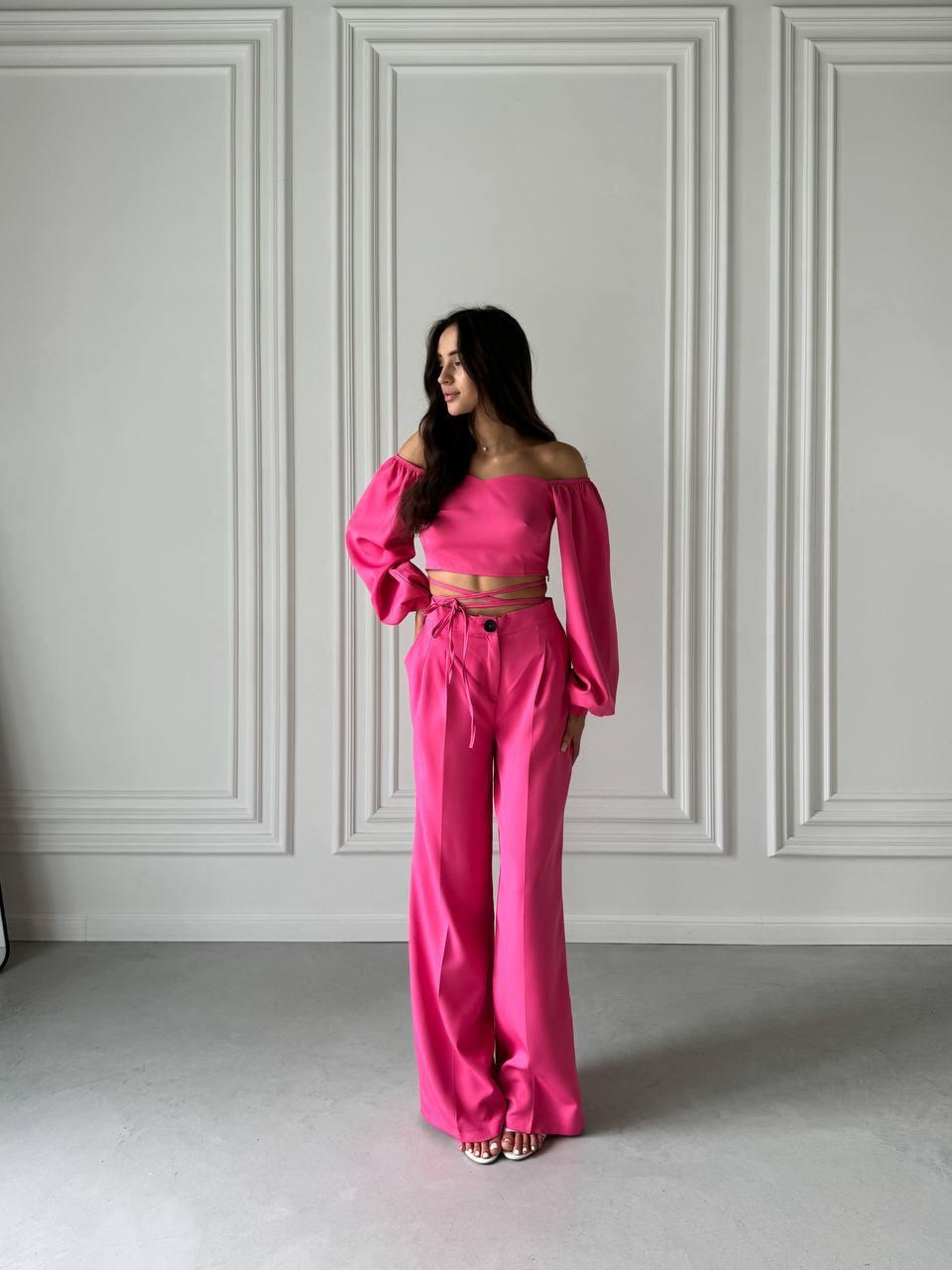 Жіночий костюм 2-ка (топ + штани) ; Колір: беж, чорне, молоко, Барбі, малина; Розмір: 42-44, 46-48 ;, фото 1