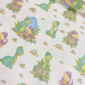 Фланелева тканина, фіолетово-зелені динозаврики на білому (шир. 2,4 м) (FL-T-0865)