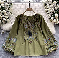 Вишиванка жіноча сучасна оливкова блузка з вишивкою