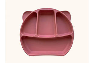 Силіконова дитяча тарілка 4-х секційна "Ведмедик" Димна троянда (1718)