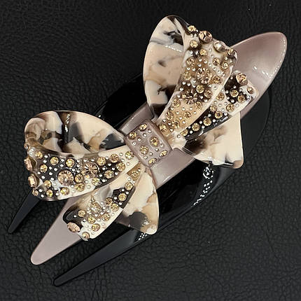 Шпилька краб для волосся французький пластик бантик різнобарвний із жовтими стразами довжина 12.5 см висота 5 см, фото 1