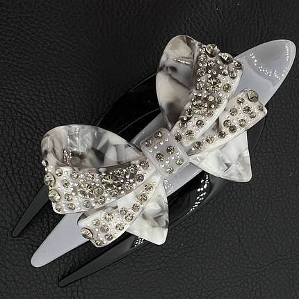 Шпилька краб для волосся французький пластик бантик сірого кольору з кристалами довжина 12.5 см висота 5 см, фото 1