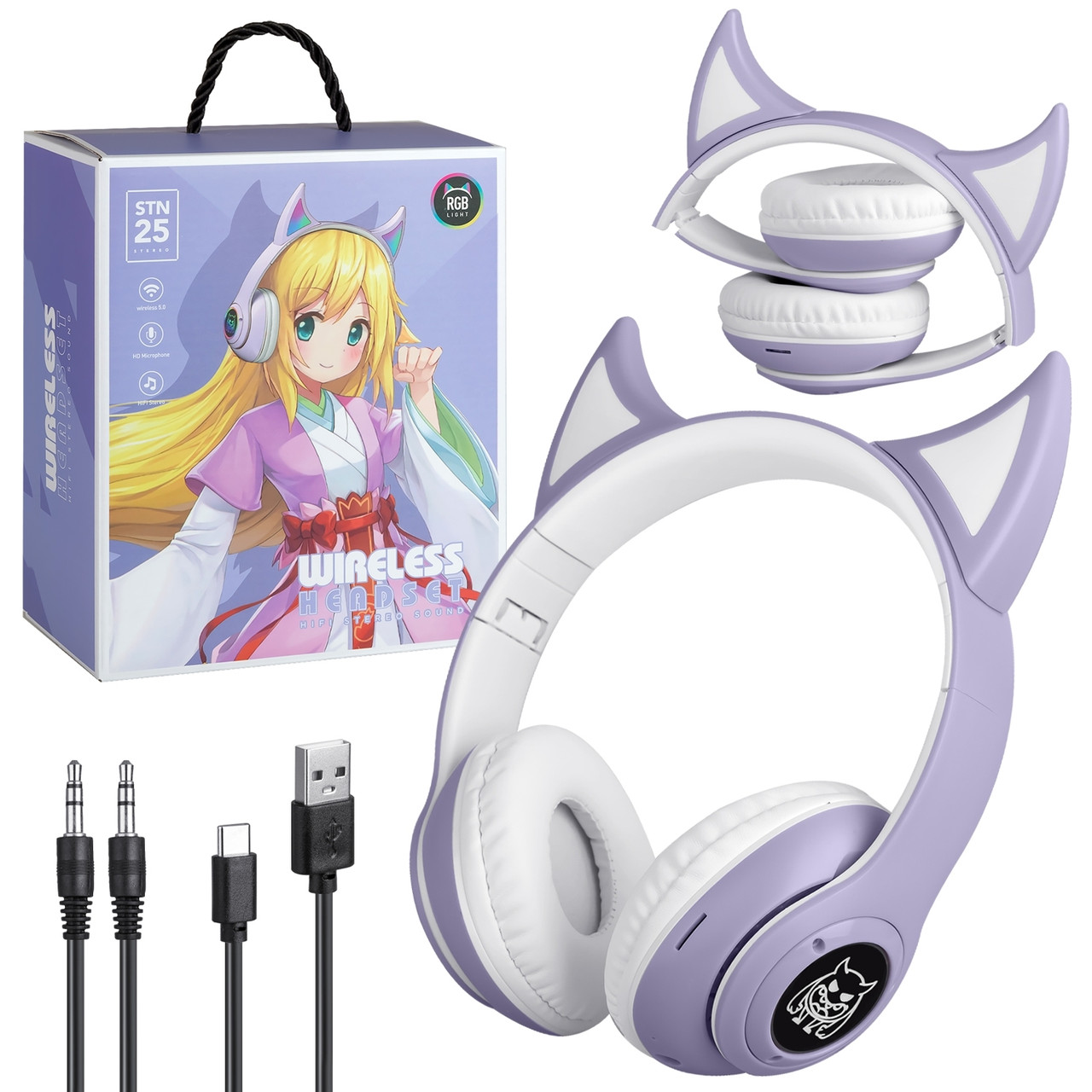 Світні навушники з вушками STN-25 бездротові Фіолетовий, фото 1