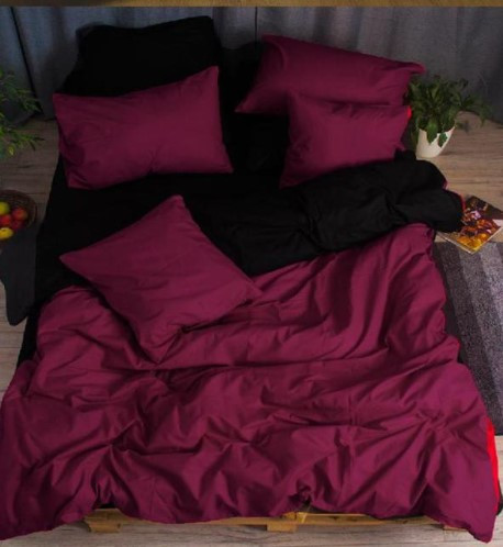 Полуторний комплект постільної білизни однотонний "Чорний-бордовий"