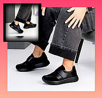 Жіночі чорні кросівки з натуральної шкіри та замші на липучці