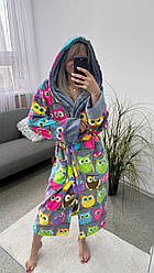 Теплий халат на запах з капюшоном та кишенями принт сова Xmd04