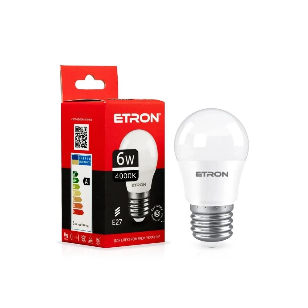 LED лампа 6W E27 G45 220V 4000K ETRON 1-ELP-046 енергозберігаюча, фото 1