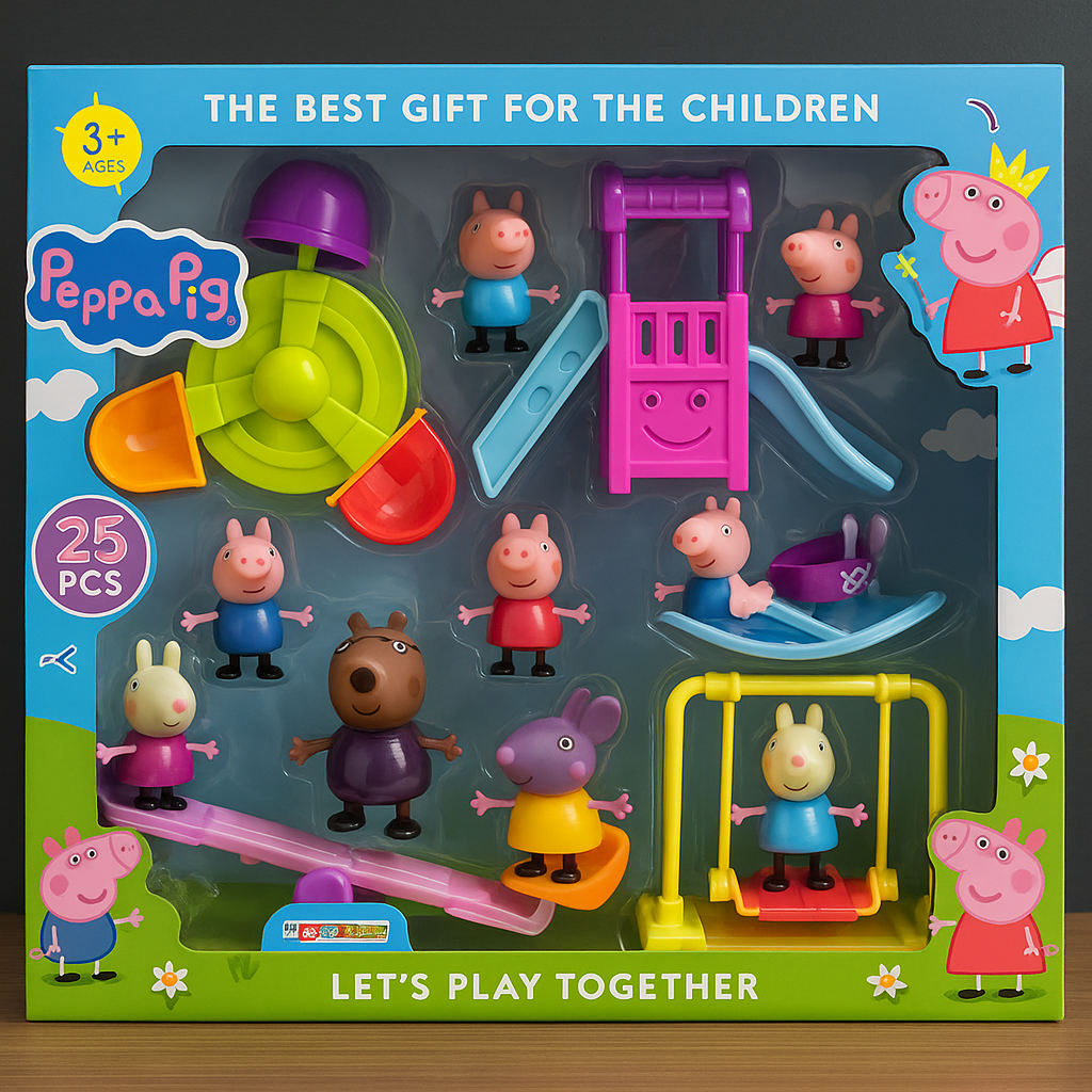 Ігровий набір Свинка Пеппа та сім’я з майданчиком (8 фігурок, карусель, гойдалка), фото 1