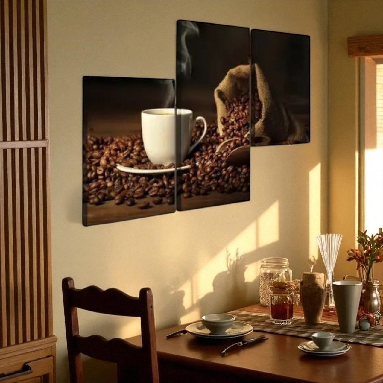 Картина для кухні модульна Зерна Кави, Чашка з кавою 90х60см з 3-х частин, фото 1