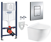 Комплект 5в1: інсталяція Grohe + безобідковий підвісний круглий унітаз, білий + клавіша хром глянцева