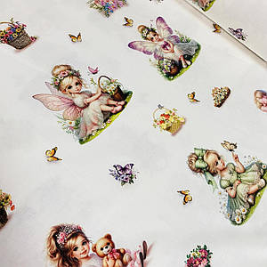 Тканина поплін DIGITAL, феї з квітами та метеликами на білому (ТУРЦІЯ шир. 2,4 м) (R-FR-0882)