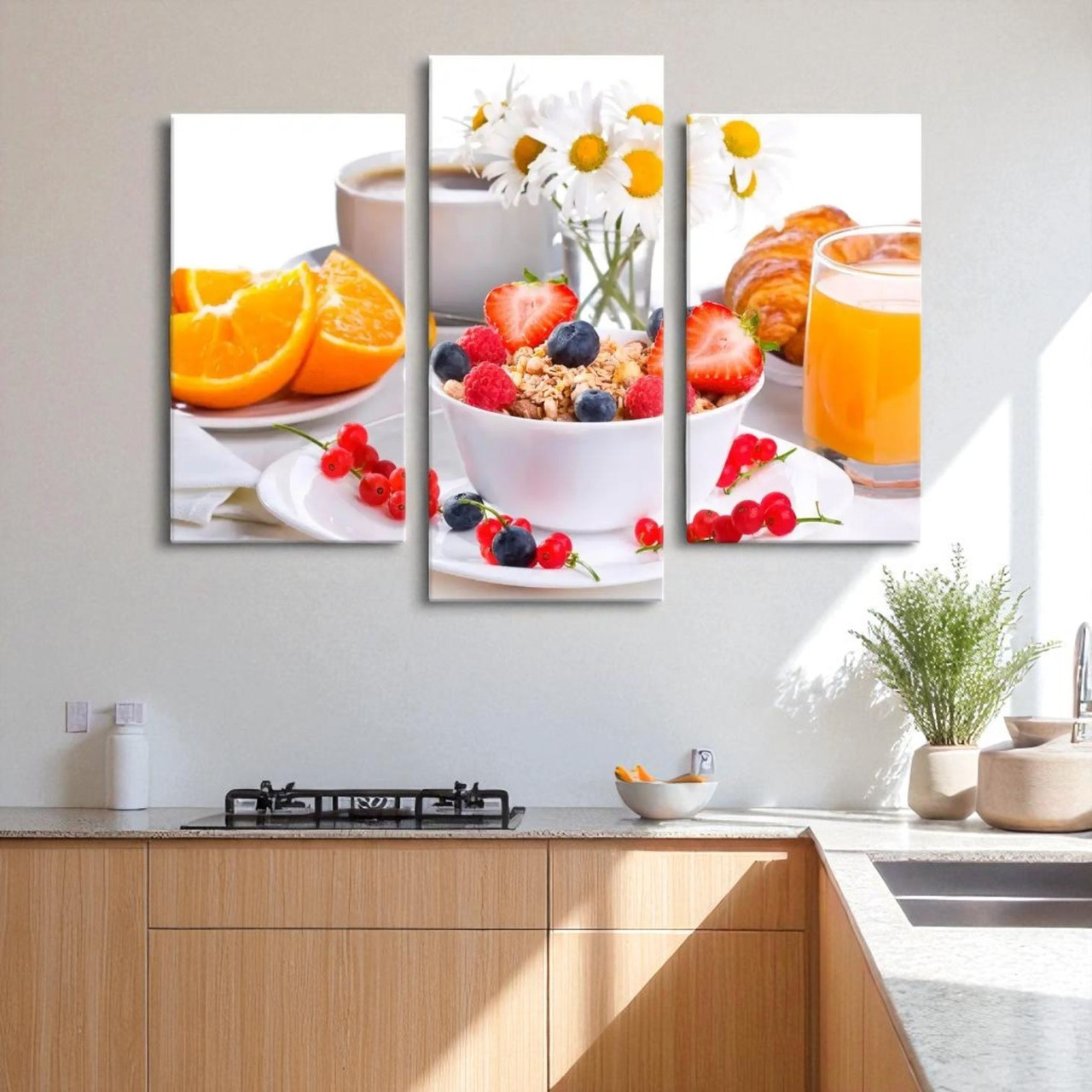Картина модульна для кухні Апельсини, Фрукти, Цитрусові, Чашка соку, Яскравий колір 90х70см з 3-х частин, фото 1