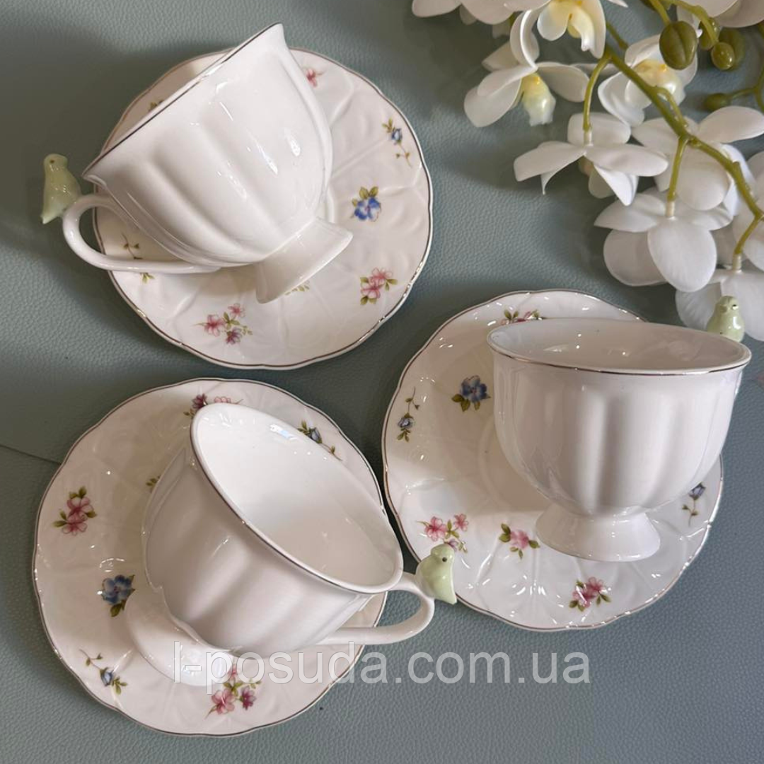 Чайний фарфоровий набір Пташка Флорал: 6 чашок 200мл, 6 блюдець, колір - білий з ніжно-зеленим та золотим обідком, фото 1