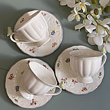 Чайний фарфоровий набір Пташка Флорал: 6 чашок 200мл, 6 блюдець, колір - білий з ніжно-зеленим та золотим обідком, фото 3