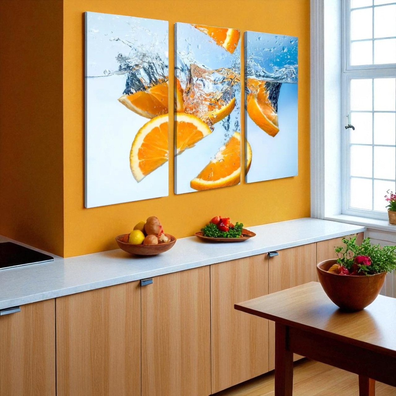 Картина модульна для кухні Апельсини у воді, Цитруси, Часточки апельсина 90х60см з 3-х частин, фото 1