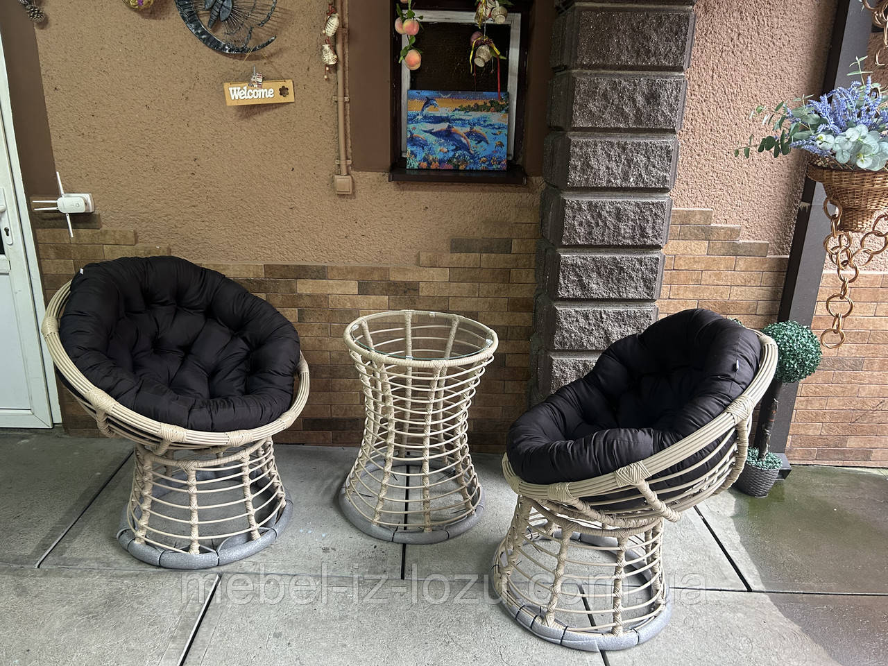 Набір з Ротанга Папасан -small -Ротанг Бежевий + подушки Коричневі, фото 1
