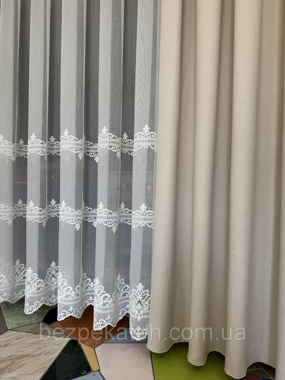 Красивий ніжний молочний тюль бамбук з вишивкою по низу в зал, спальню, вітальню, фото 1