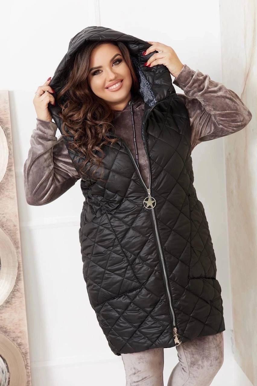 Жилетка жіноча довга тепла стьобана на синтепоні, батальна 50,52,54,56,58, фото 1