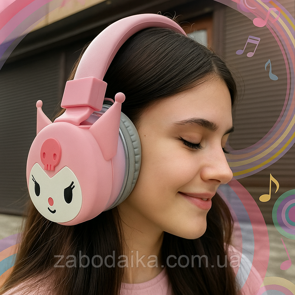 Дитячі навушники для дівчинки Hello Kitty, Kuromi, Хеллоу Кітті, Куромі, бездротові Bluetooth накладні, фото 1