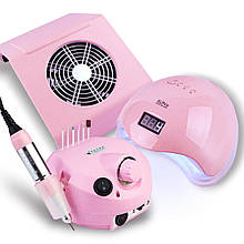 Набір для манікюру 3в1: лампа SUN 5 48W, фрезер ZS-601 35 000 об/хв, витяжка манікюрна 45 Вт, Рожевий