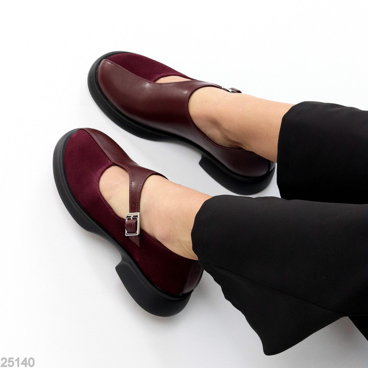 Дизайнерські бордові туфлі натуральна шкіра + замша низький хід, фото 1