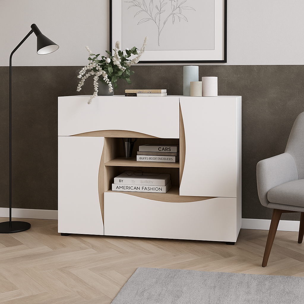 Великий комод у сучасному стилі для вітальні Амулет 120 см × 42,6 см × 100 см – з 4 дверцятами Майстер Форм, фото 1