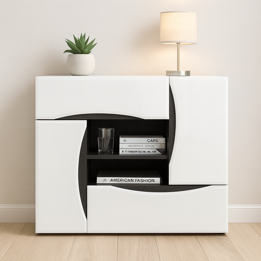 Сучасний комод Амулет фасад білий глянець МДФ/венге темний - 4 дверцята 120 см × 42,6 см × 100 см, фото 1