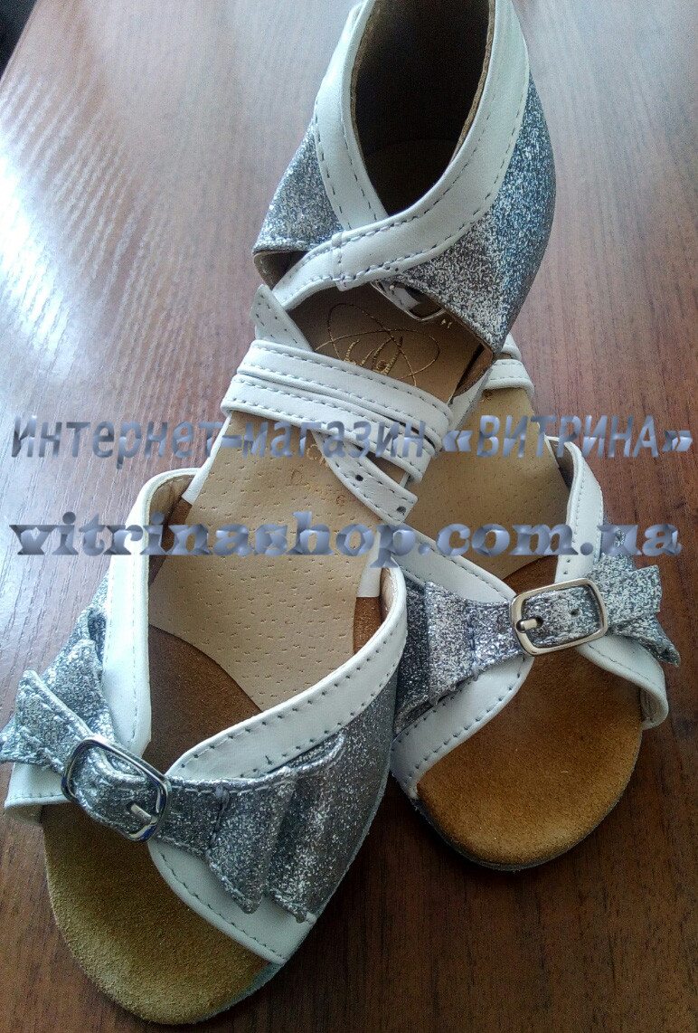 Туфли танцевальные для девочки на блок-каблуке белая кожа+парча серебро эксклюзив - фото 2 - id-p477773221