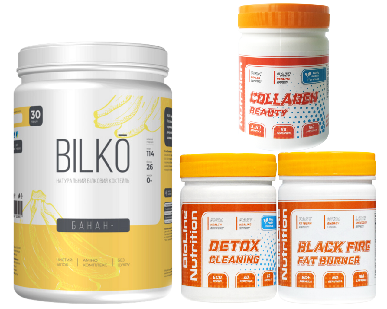 Набір Bioline Nutrition: Жироспалювач Black Fire + Detox + Collagen + Протеїн Bilko 900 г Банан, фото 1