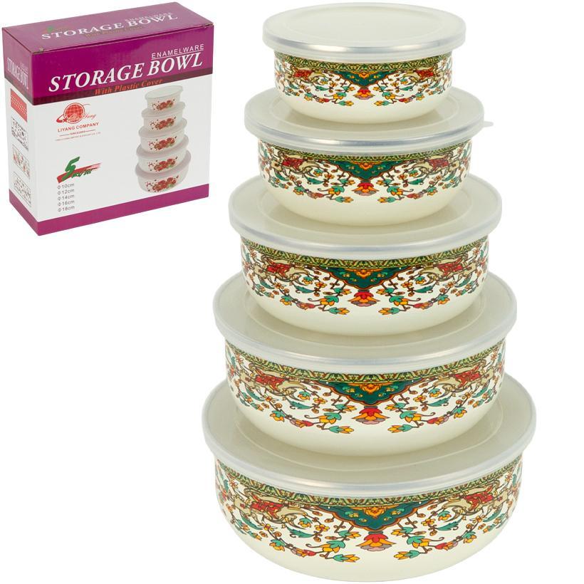 Судки емальовані з кришкою для їжі, набір судочок 5 шт - 200мл, 400мл, 600мл, 800мл, 1л (№-2)