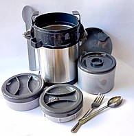 Термос харчовий A-plus з 3-ма судками всередині і ложка з виделкою 22х13см 2 л Сталевий