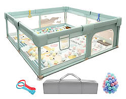 Дитячий манеж Terrio Classic XL 180х200 см Салатовий з двома ручками і 60 різнокольоровими м'ячами
