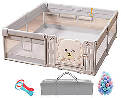 Дитячий манеж Terrio Teddy L 150х180 см Сірий з пластиковими дверима, двома ручками і 60 різнокольоровими м'ячами
