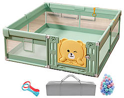 Дитячий манеж Terrio Teddy XL 180х200см Салатовий з пластиковими дверима, двома ручками і 60 різнокольоровими м'ячами