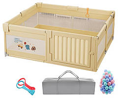 Дитячий манеж Terrio Happy XL 180х200 см Жовтий з пластиковими дверима, двома ручками і 60 різнокольоровими м'ячами