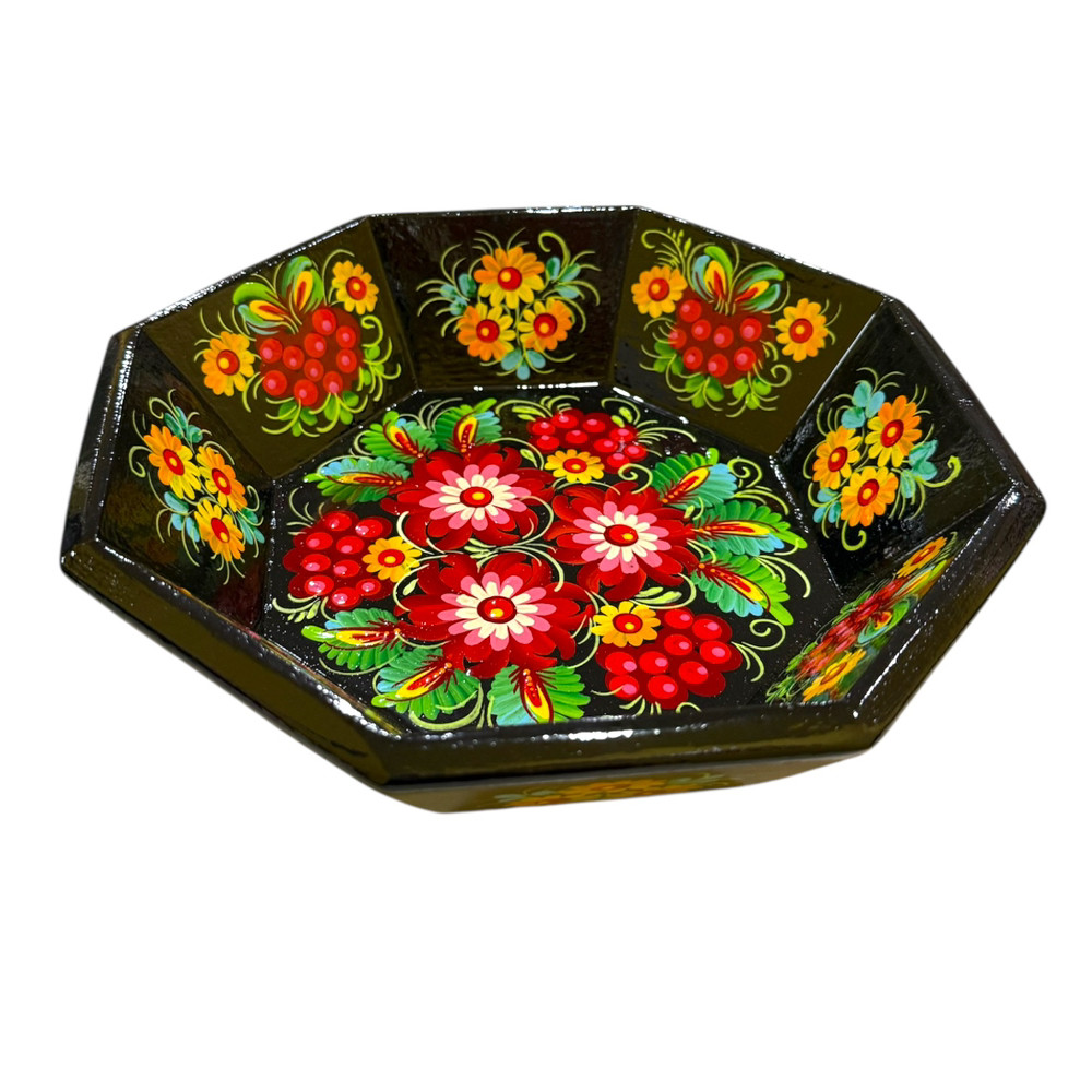 Цукерниця ручної роботи "Вогняні квіти" 22*5 см., з петриківським розписом, у подарунковій упаковці