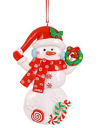 Ялинкова підвіска Сніговик-карамелька з вінком 12 см