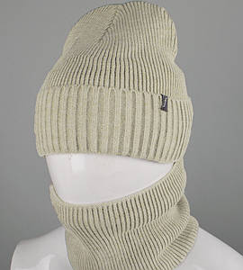 Комплект шапка-резинка з відворотом на флісі + Баф на філсі (230701), Льон