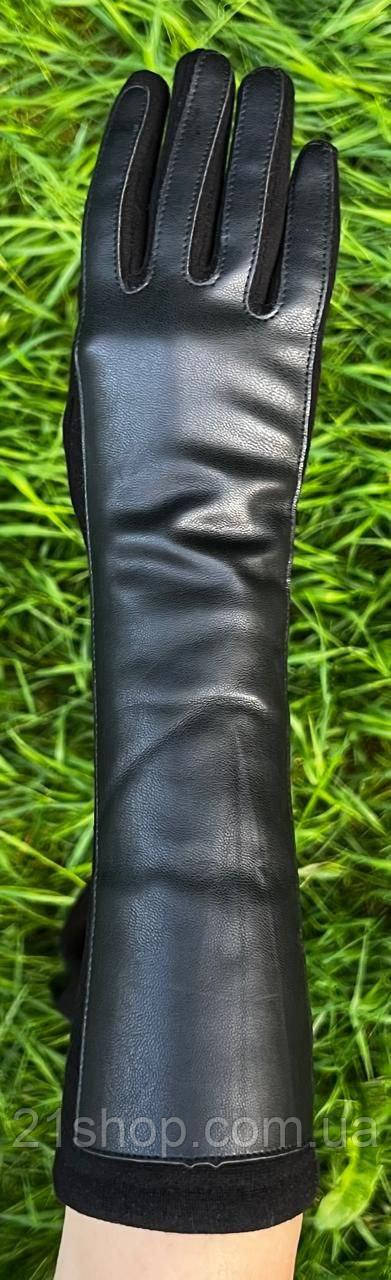 Жіночі довгі рукавички з верхом із еко-шкіри та бавовняною долонею, фото 1