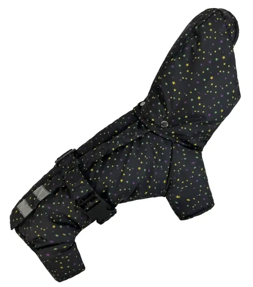 Комбінезон з поясом 40 см (об'єм до 66см) з'ємний капюшон зимовий розм 7 зірки чорний для собак, фото 1