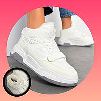 Жіночі високі зимові хайтопи з екохутром у біло молочному кольорі на липучці