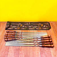 Набір шампурів в чохлі 10шт. Шампури з деревянною ручкою. Подарункові шомпури з нержавійки для шашлику.