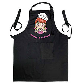 Фартух чорного кольору з лямкою, що регулюється і кишенею "Готую з любовʼю" з аніме-дівчиною