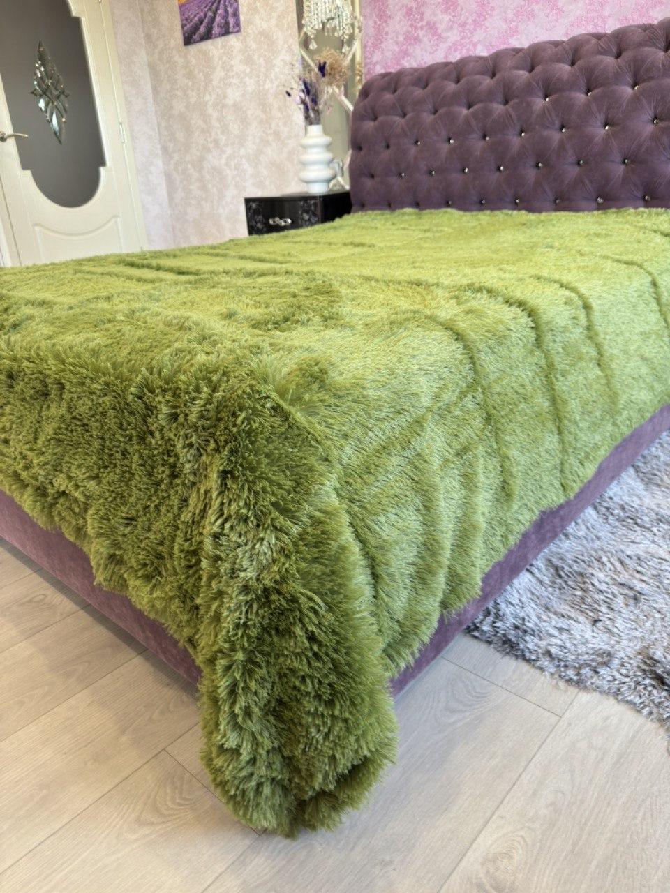 Хутряне Покривало Травичка оливка 210х230/покривало з довгим ворсом, фото 1