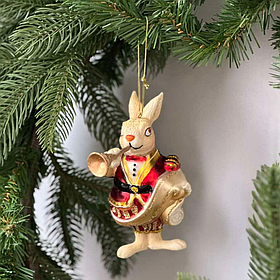 Ялинкова ретро прикраса зі скла Зайчик з дудкою 12.5см, колір - кремовий з червоним
