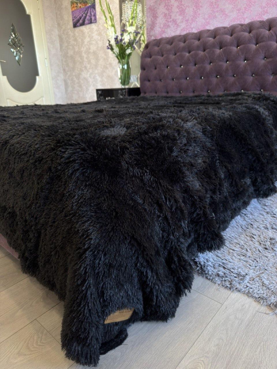 Хутряне покривало Травичка євро чорного кольору/Велике чорне покрывало 210х230см, фото 1