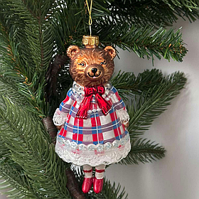 Ялинкова фігурна прикраса зі скла  Леді-Ведмедик, 14см